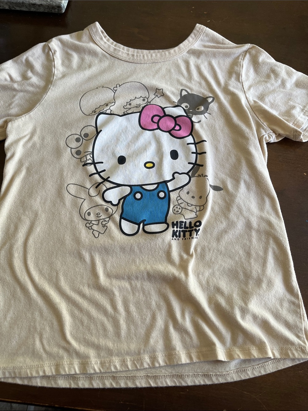 Hello Kitty Cream Short Sleeve Tee with Pink Bow and Blue Overalls